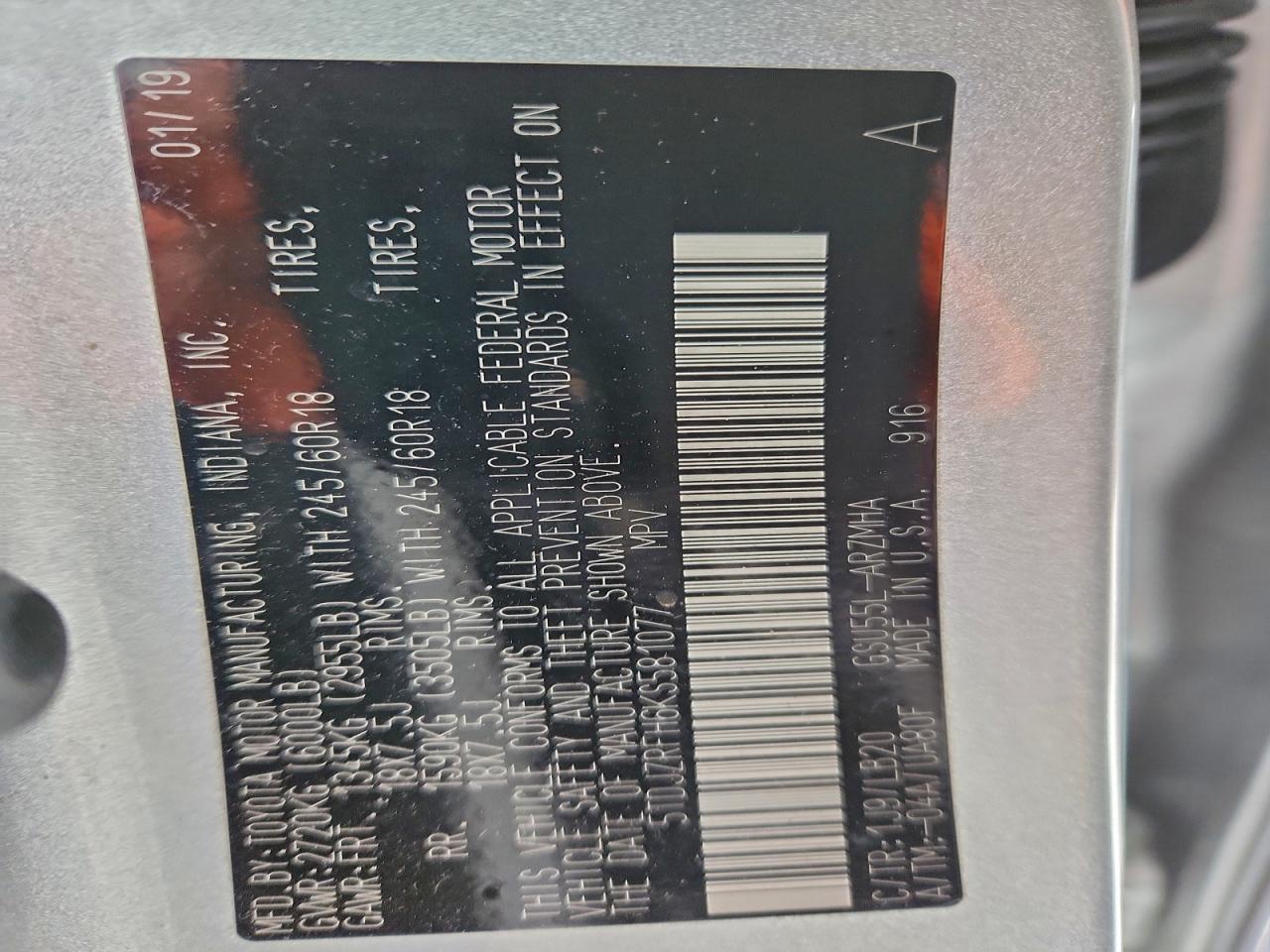 2019 Toyota Highlander Se VIN: 5TDJZRFH6KS581077 Lot: 96629235