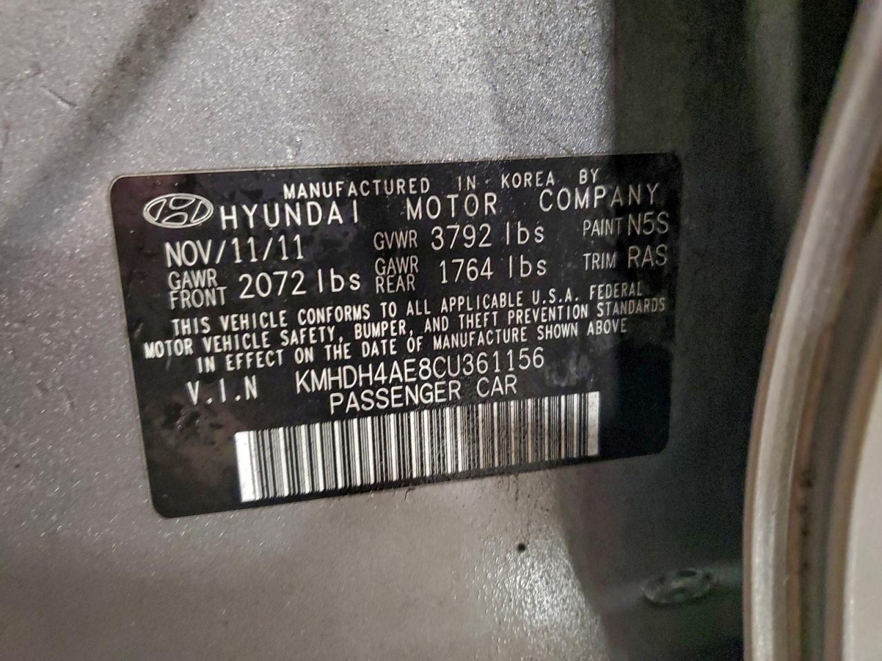 2012 Hyundai Elantra Gls VIN: KMHDH4AE8CU361156 Lot: 95671825