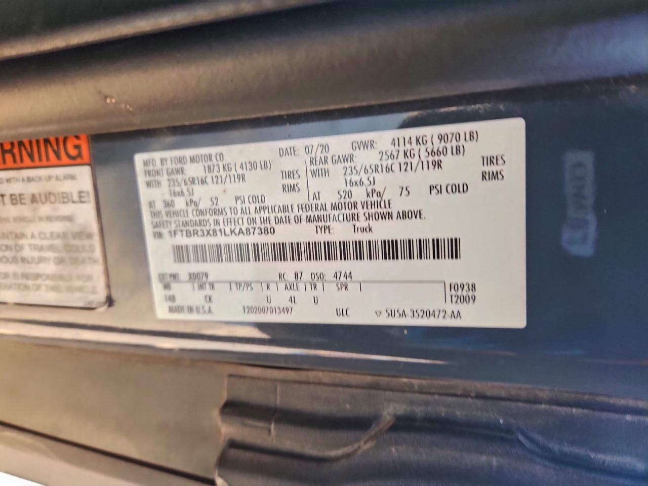 2020 Ford Transit T-250 VIN: 1FTBR3X81LKA87380 Lot: 96291785