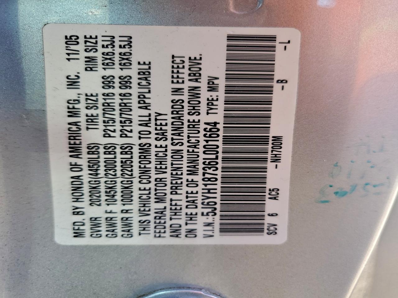 2006 Honda Element Ex VIN: 5J6YH18736L001664 Lot: 94731385