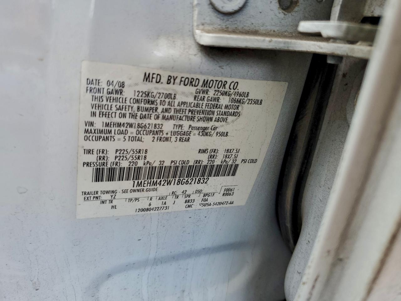 2008 Mercury Sable Premier VIN: 1MEHM42W18G621832 Lot: 95760415