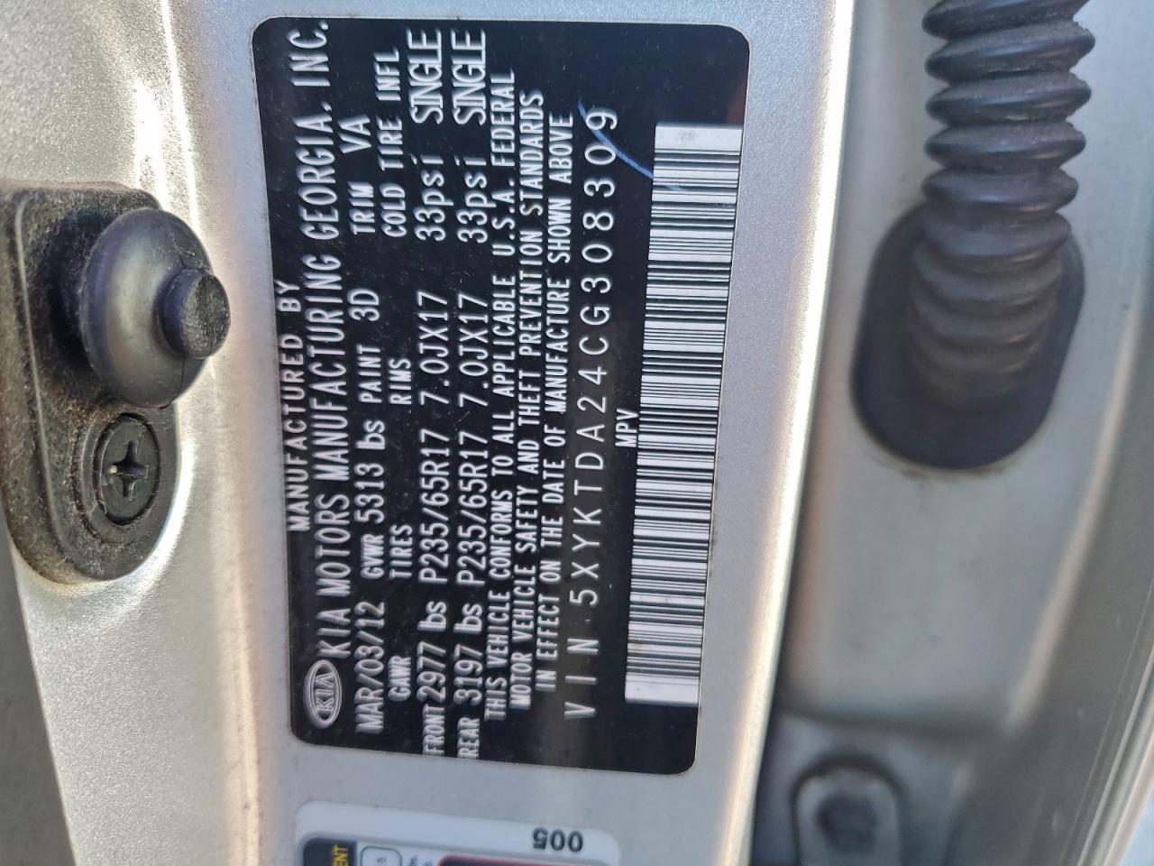 2012 Kia Sorento Base VIN: 5XYKTDA24CG308309 Lot: 96274465