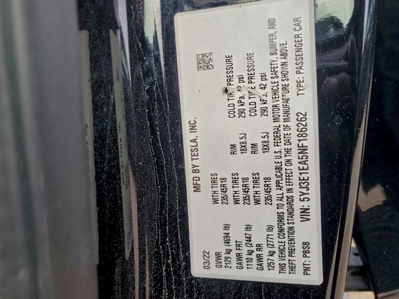 2022 Tesla Model 3 VIN: 5YJ3E1EA5NF186262 Lot: 95076875