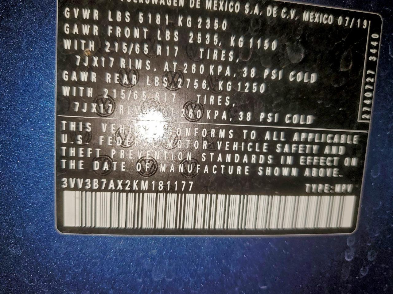 2019 Volkswagen Tiguan Se VIN: 3VV3B7AX2KM181177 Lot: 95322425