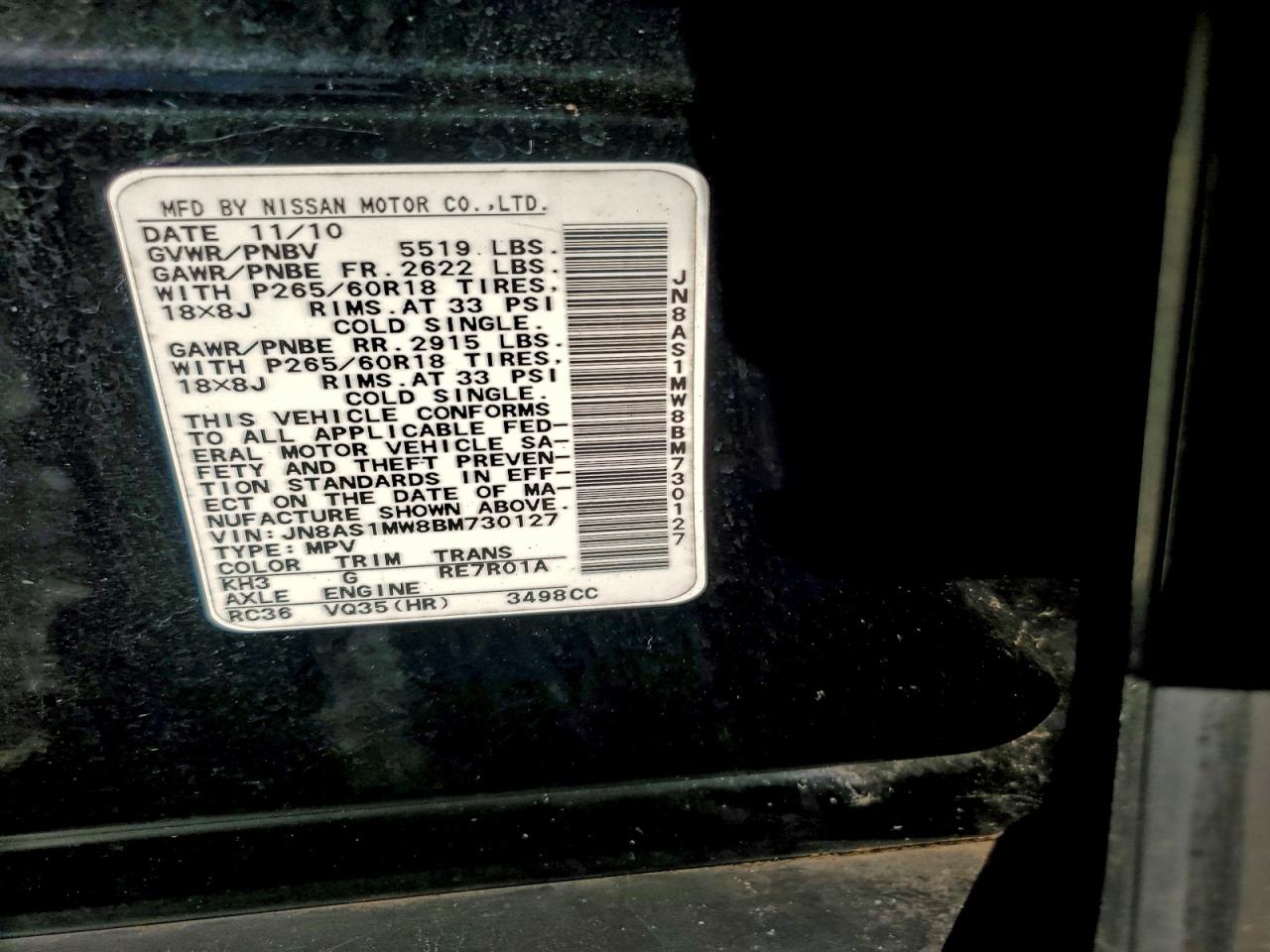 2011 Infiniti Fx35 VIN: JN8AS1MW8BM730127 Lot: 97004685