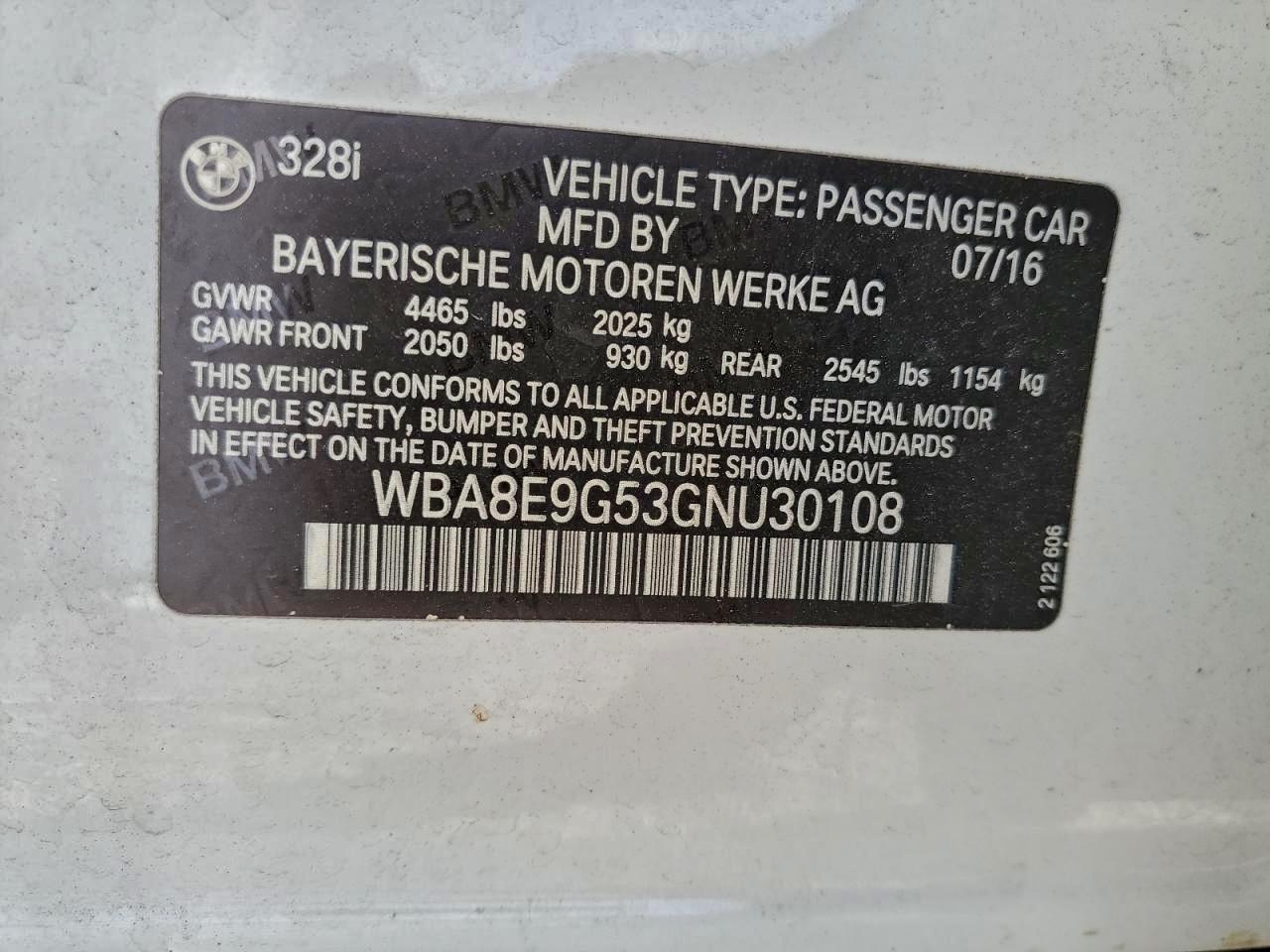 2016 BMW 328 I Sulev VIN: WBA8E9G53GNU30108 Lot: 96818085