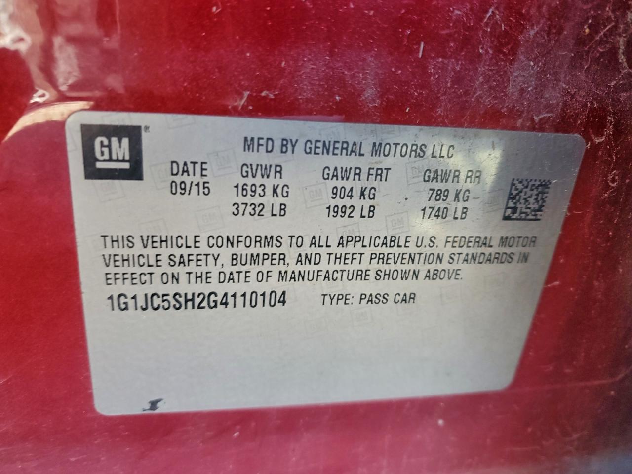 2016 Chevrolet Sonic Lt VIN: 1G1JC5SH2G4110104 Lot: 95412625