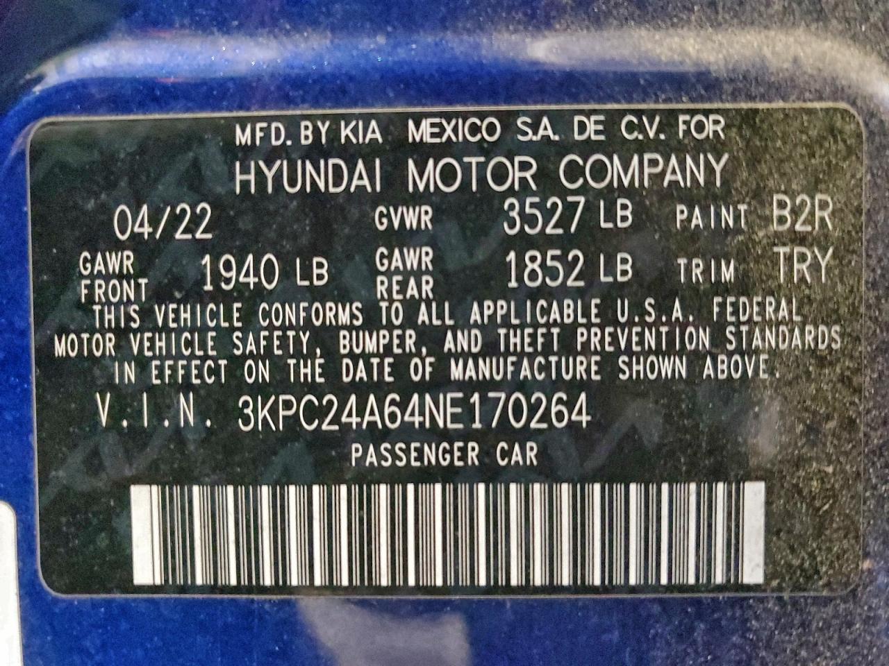 2022 Hyundai Accent Se VIN: 3KPC24A64NE170264 Lot: 95402205