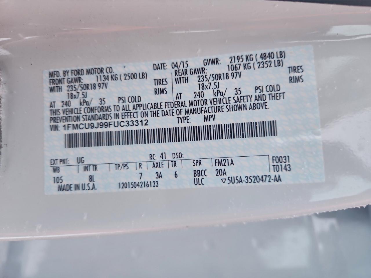 2015 Ford Escape Titanium VIN: 1FMCU9J99FUC33312 Lot: 95083015