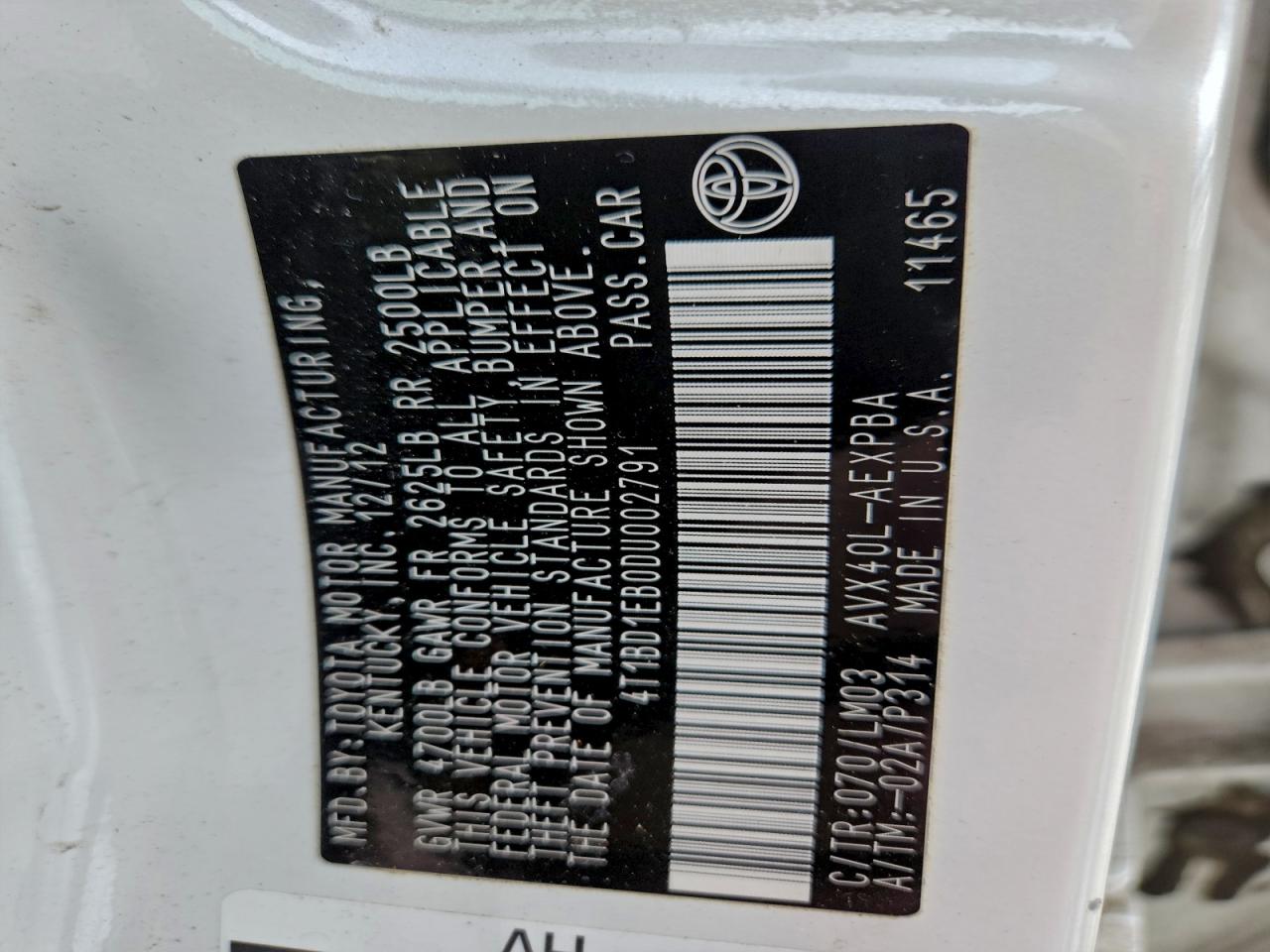 2013 Toyota Avalon Hybrid VIN: 4T1BD1EB0DU002791 Lot: 95933065