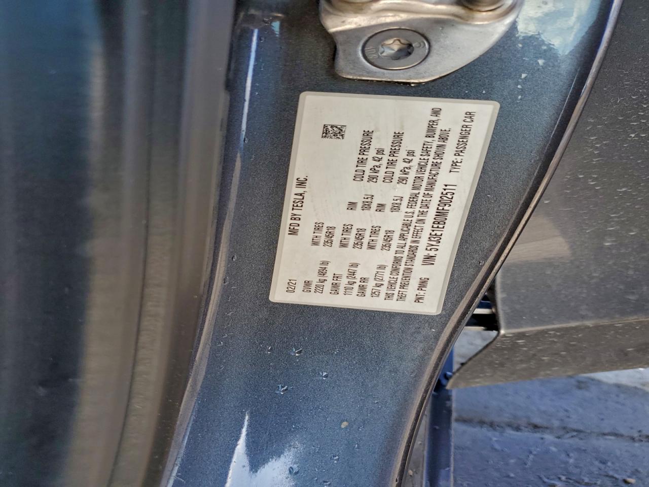 2021 Tesla Model 3 VIN: 5YJ3E1EB0MF902511 Lot: 95562575