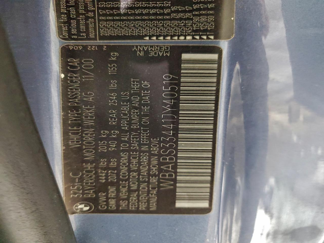 2001 BMW 325 Ci VIN: WBABS33441JY40519 Lot: 96913425