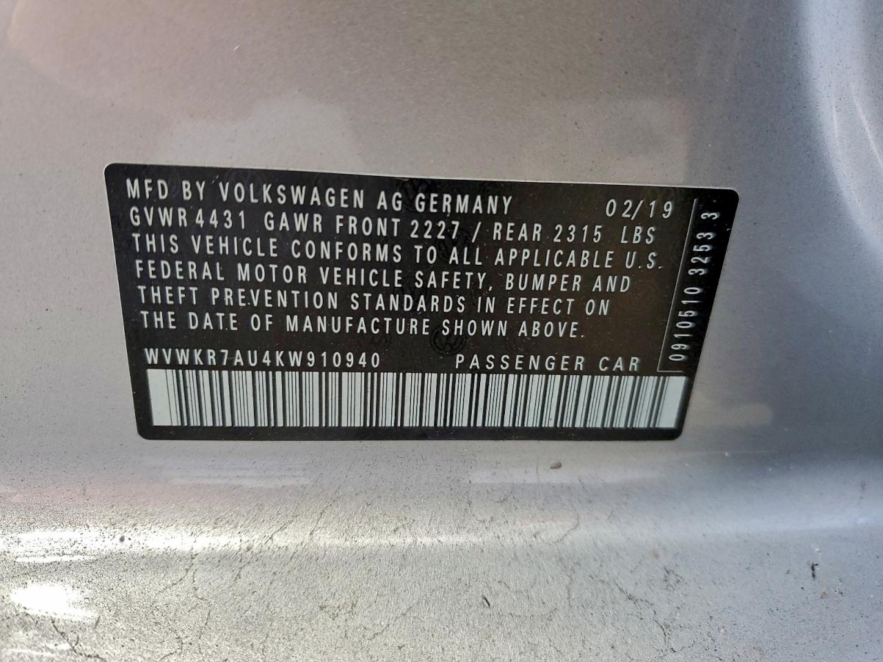 2019 Volkswagen E-Golf Se VIN: WVWKR7AU4KW910940 Lot: 95728175