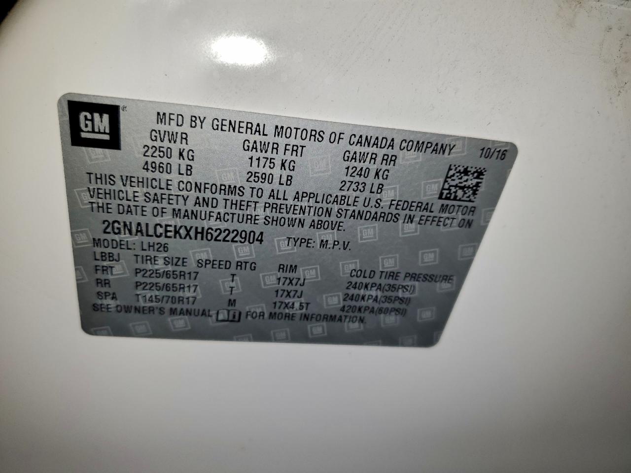 2017 Chevrolet Equinox Lt VIN: 2GNALCEKXH6222904 Lot: 95317825