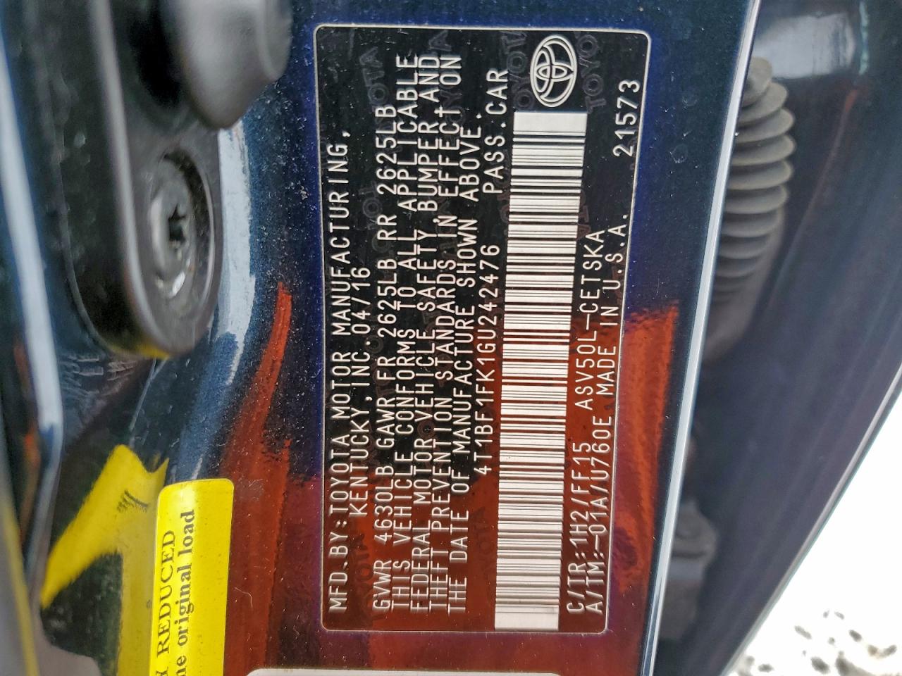 2016 Toyota Camry Le VIN: 4T1BF1FK1GU242476 Lot: 94962295