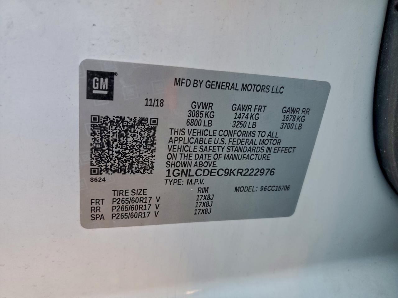 2019 Chevrolet Tahoe Police VIN: 1GNLCDEC9KR222976 Lot: 93033665