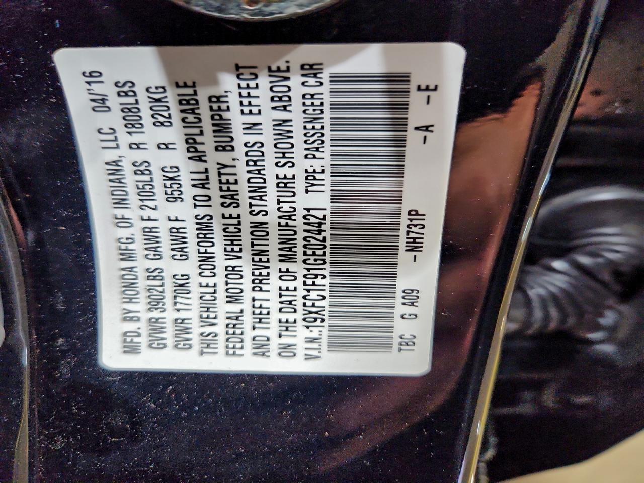 2016 Honda Civic Touring VIN: 19XFC1F91GE024421 Lot: 93990775