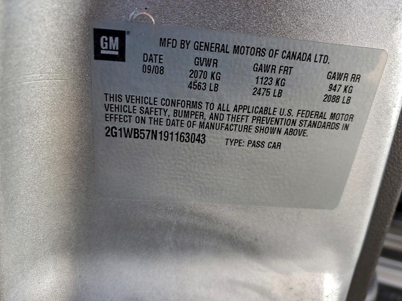 2009 Chevrolet Impala Ls VIN: 2G1WB57N191163043 Lot: 96647155