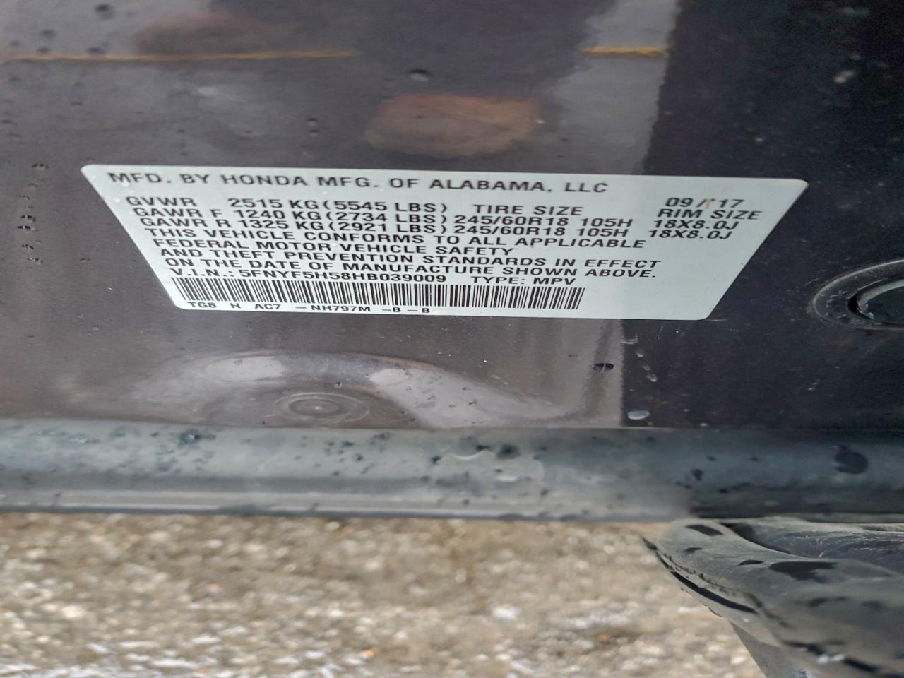 2017 Honda Pilot Exl VIN: 5FNYF5H58HB039009 Lot: 95526265