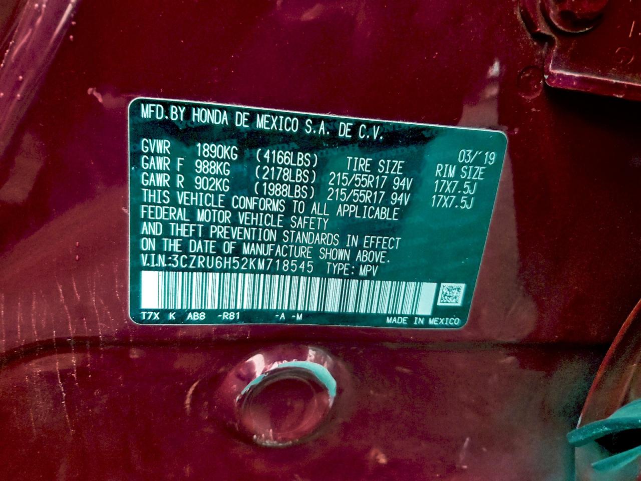 2019 Honda Hr-V Ex VIN: 3CZRU6H52KM718545 Lot: 96116195