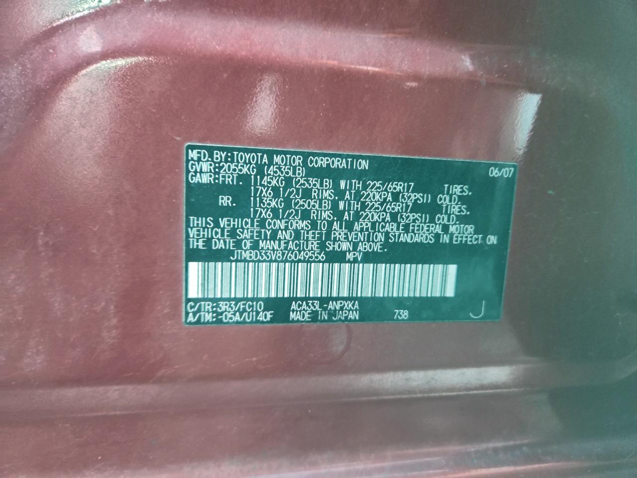 2007 Toyota Rav4 VIN: JTMBD33V876049556 Lot: 93944775