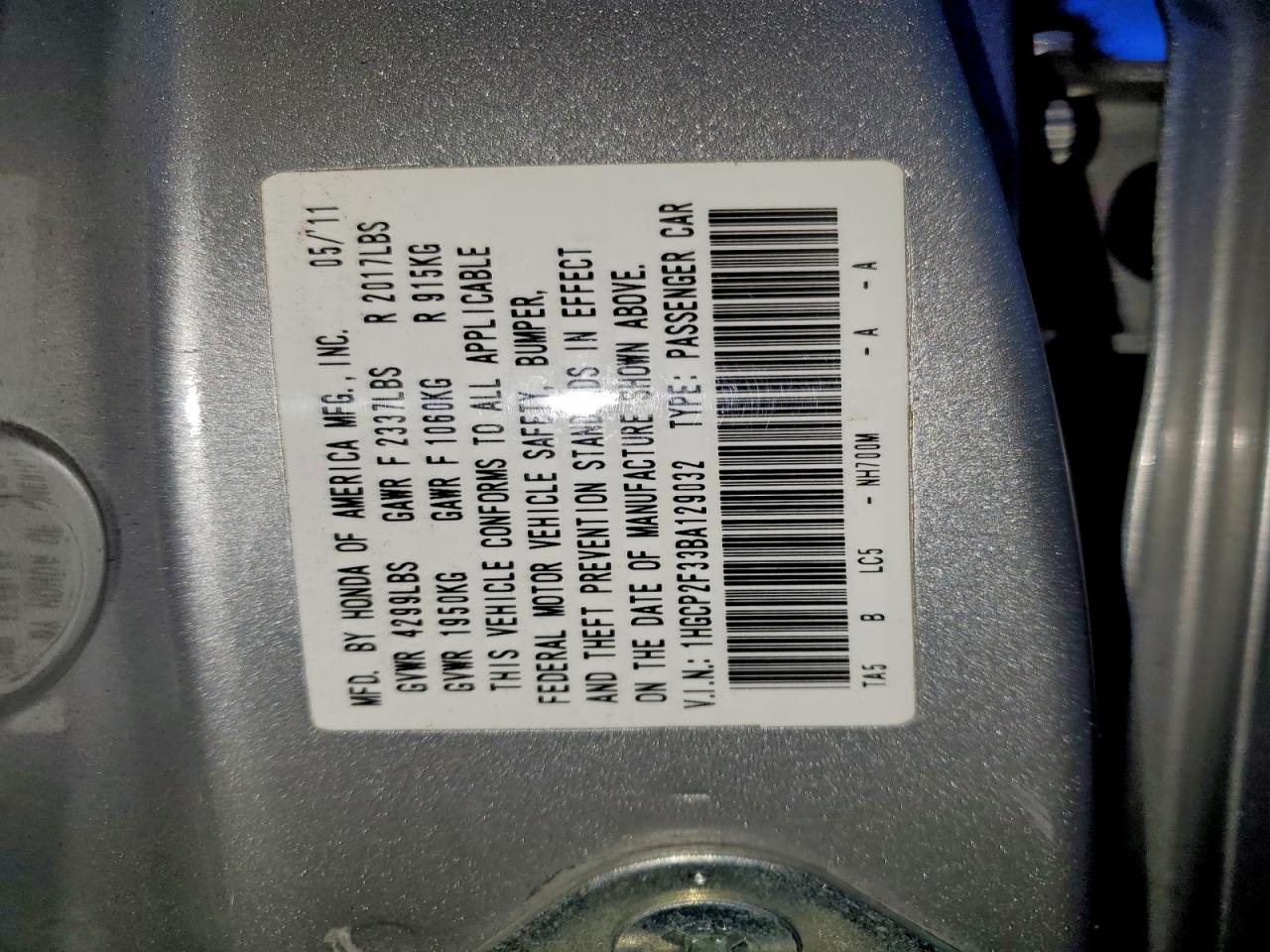 2011 Honda Accord Lx VIN: 1HGCP2F33BA129032 Lot: 94651385