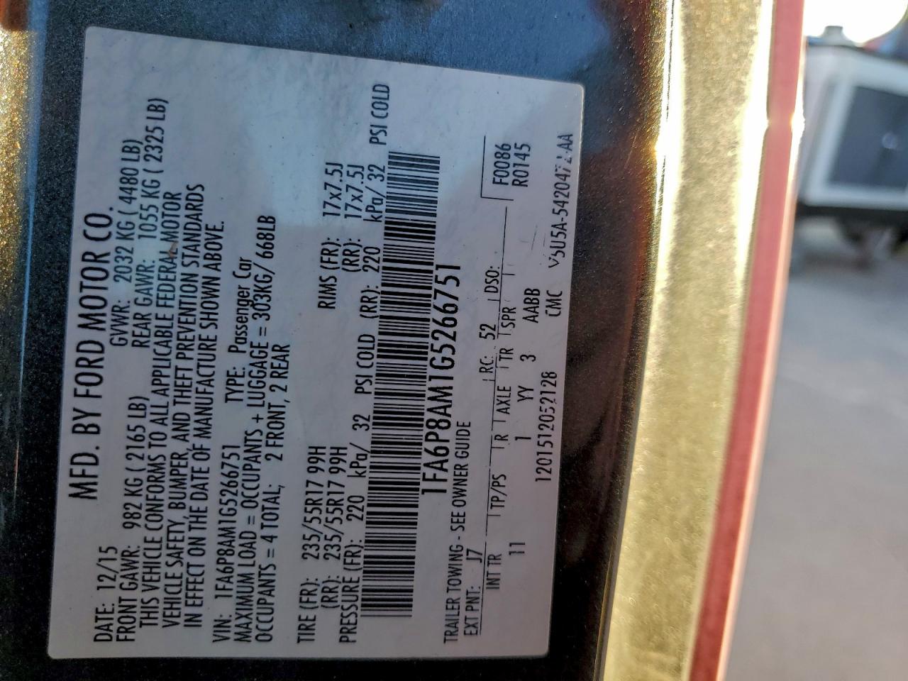 2016 Ford Mustang VIN: 1FA6P8AM1G5266751 Lot: 97113685