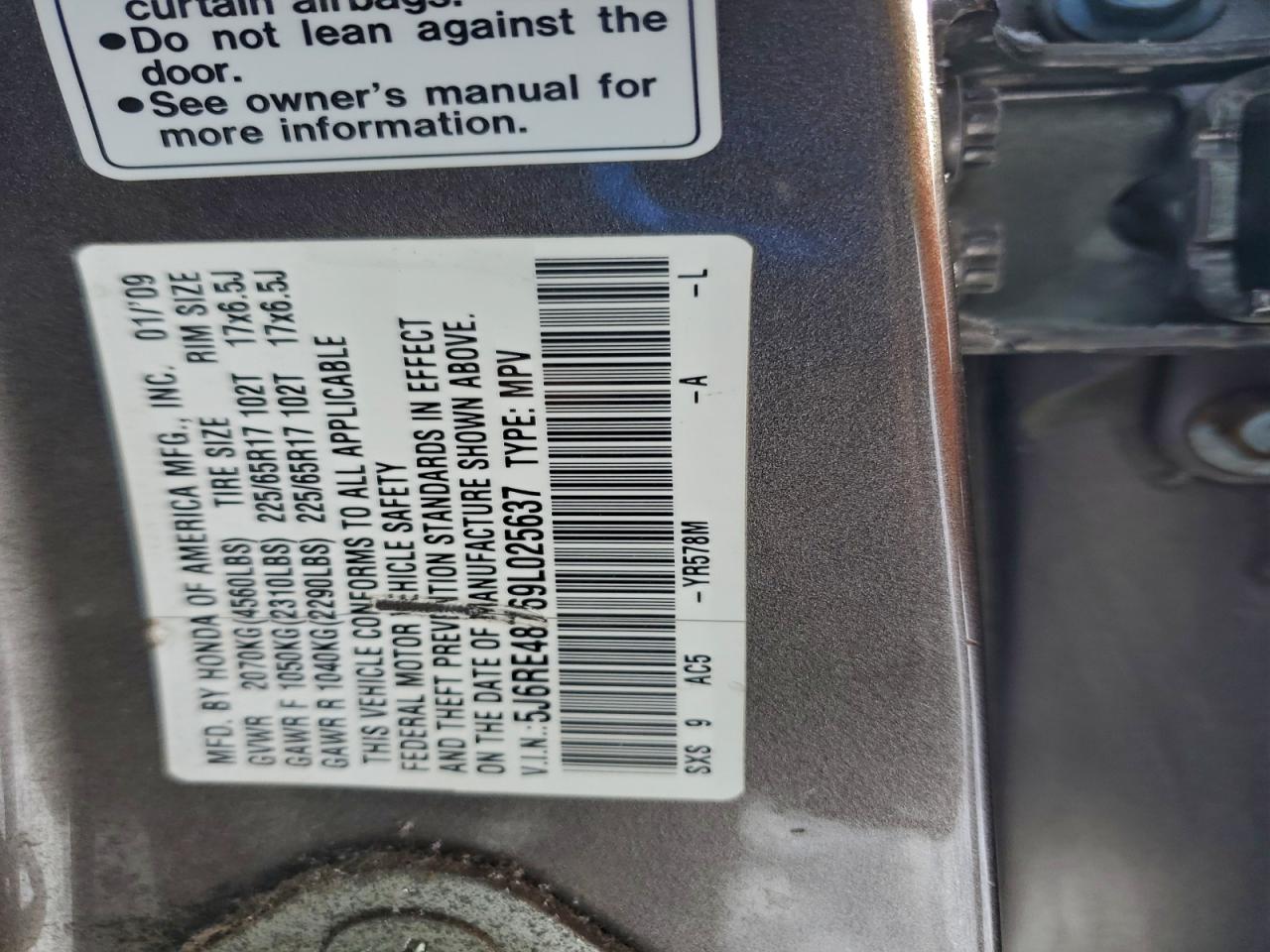 2009 Honda Cr-V Exl VIN: 5J6RE48769L025637 Lot: 94385935