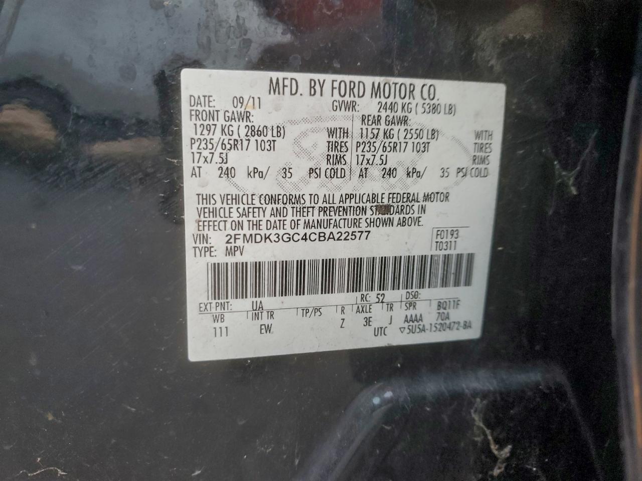 2012 Ford Edge Se VIN: 2FMDK3GC4CBA22577 Lot: 95931655