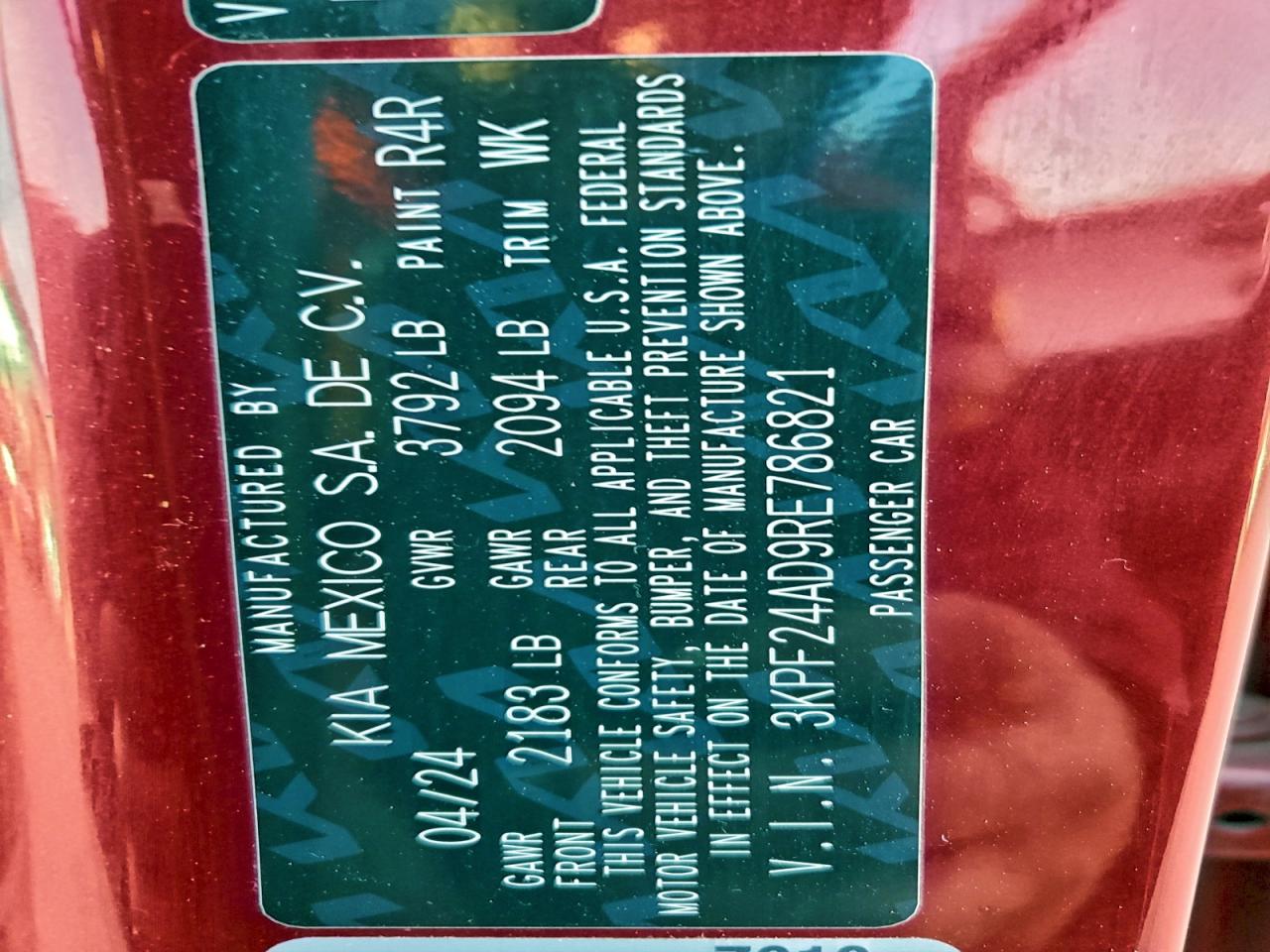 2024 Kia Forte Lx VIN: 3KPF24AD9RE786821 Lot: 94692405