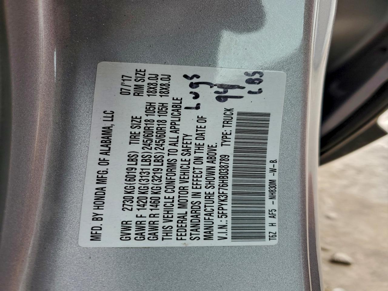 2017 Honda Ridgeline Rtl VIN: 5FPYK3F76HB038789 Lot: 94588635