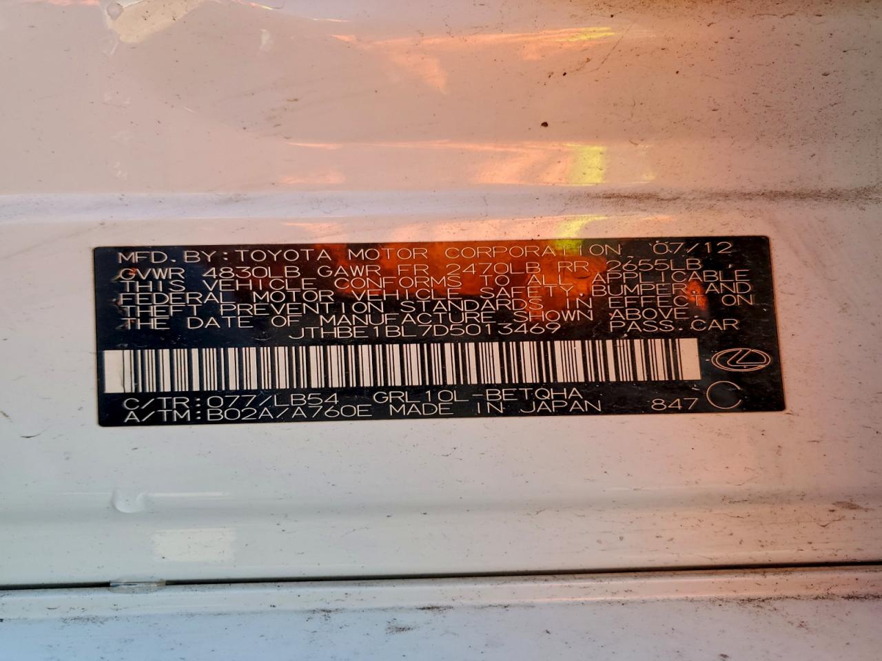 2013 Lexus Gs 350 VIN: JTHBE1BL7D5013469 Lot: 94405255