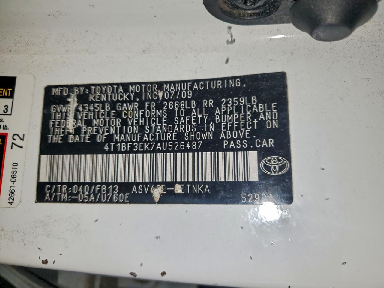 2010 Toyota Camry Base VIN: 4T1BF3EK7AU526487 Lot: 96520655