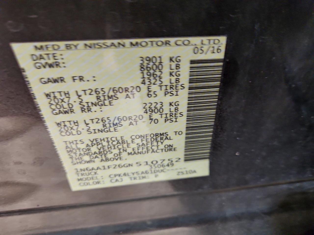 2016 Nissan Titan Xd Sl VIN: 1N6AA1F26GN510752 Lot: 95296645