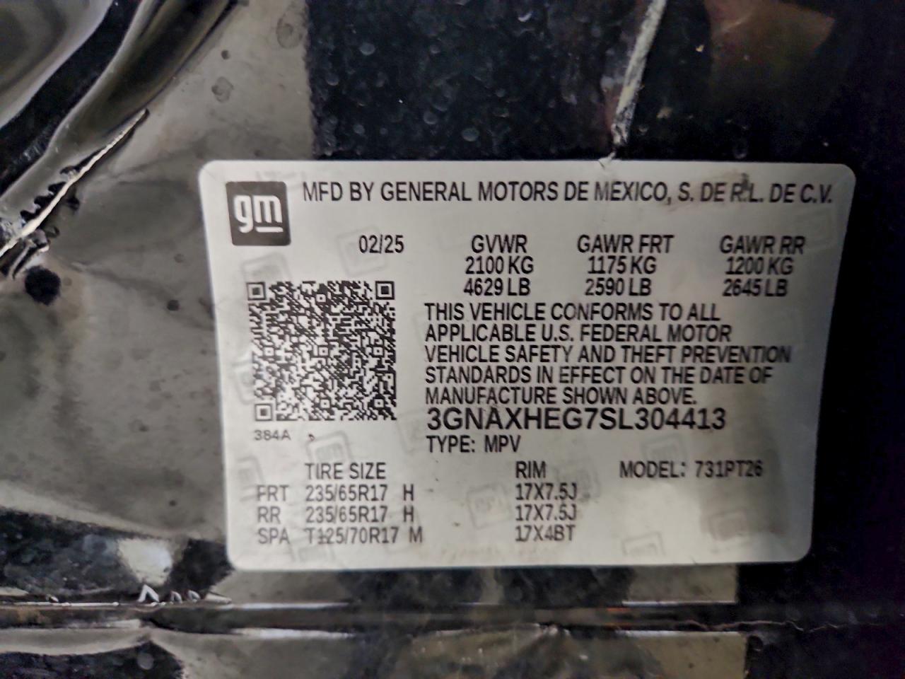 2025 Chevrolet Equinox Lt VIN: 3GNAXHEG7SL304413 Lot: 94712675