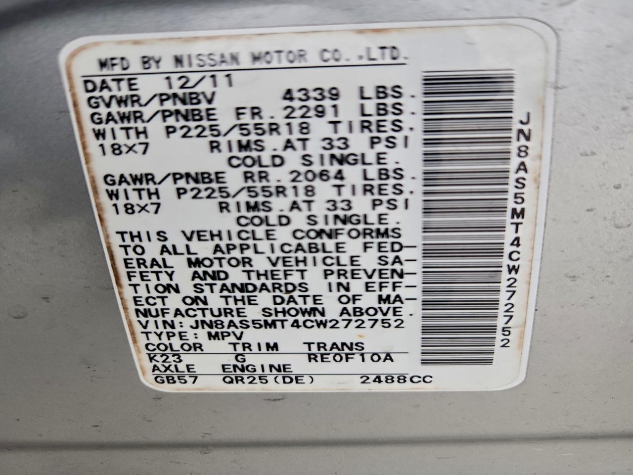 2012 Nissan Rogue S VIN: JN8AS5MT4CW272752 Lot: 95984955