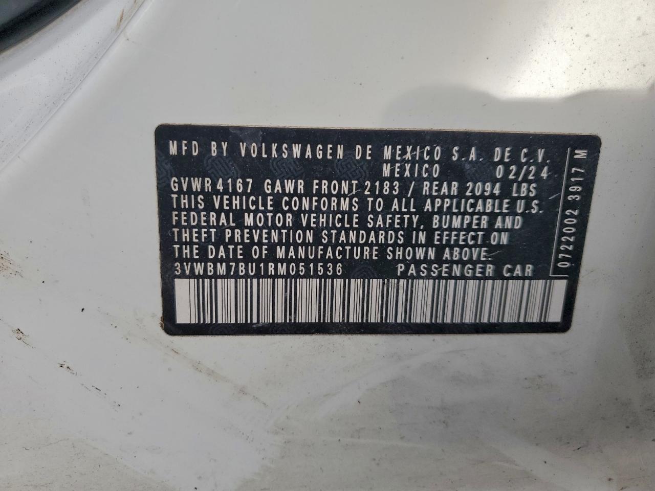 2024 Volkswagen Jetta Sport VIN: 3VWBM7BU1RM051536 Lot: 94818405