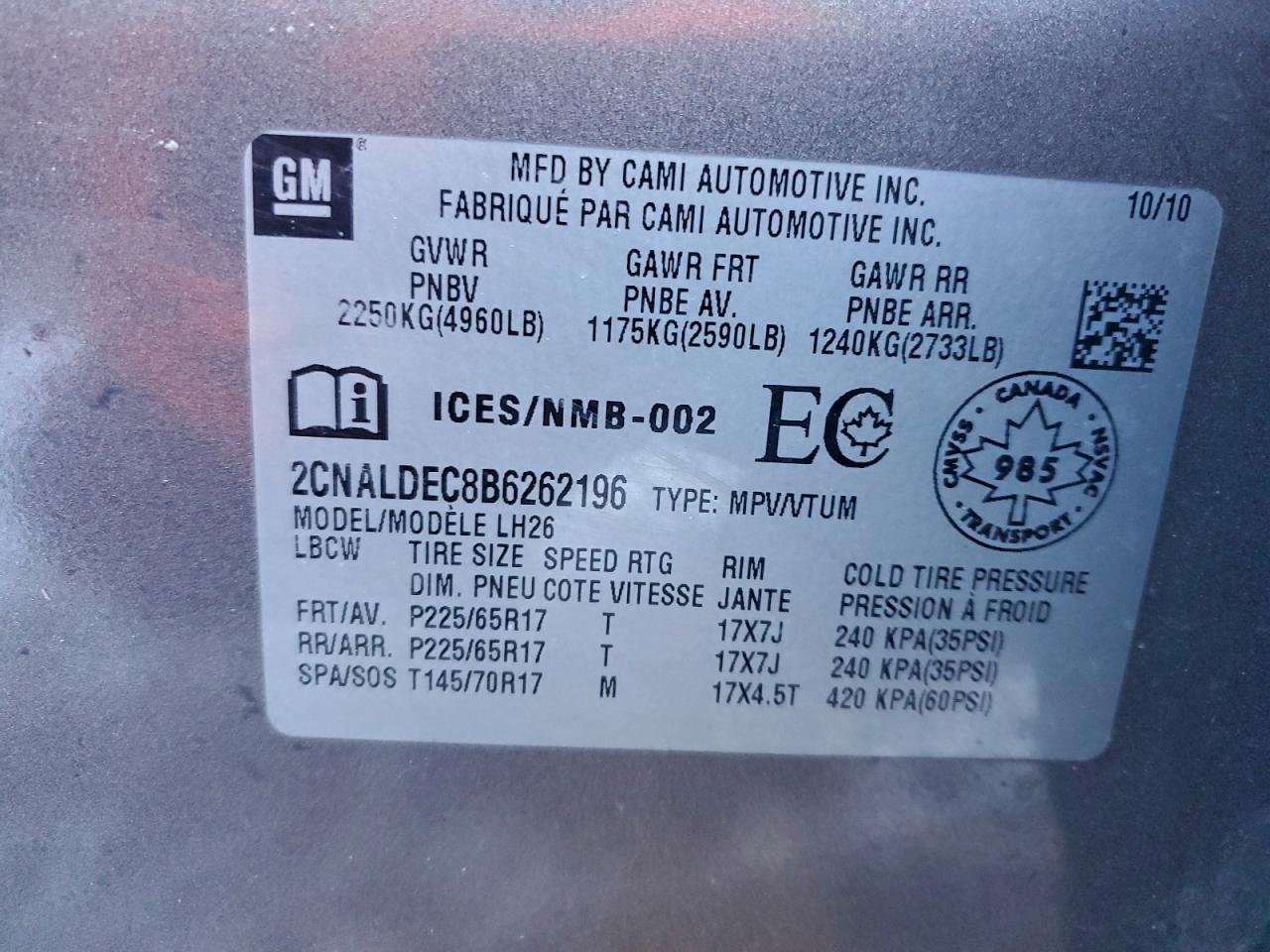 2011 Chevrolet Equinox Lt VIN: 2CNALDEC8B6262196 Lot: 95117185