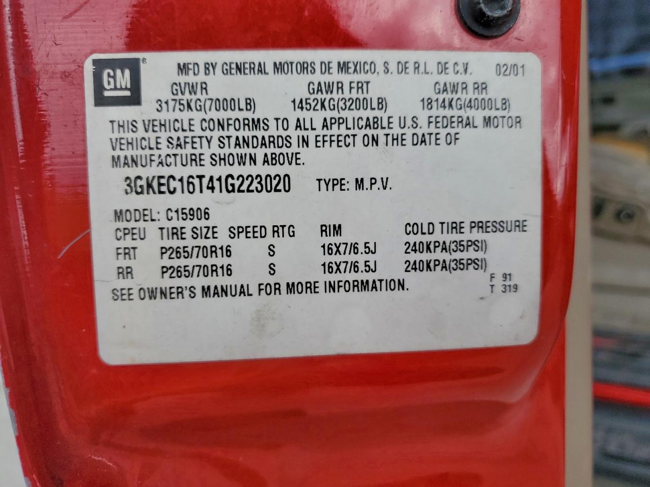 2001 GMC Yukon Xl C1500 VIN: 3GKEC16T41G223020 Lot: 95346755