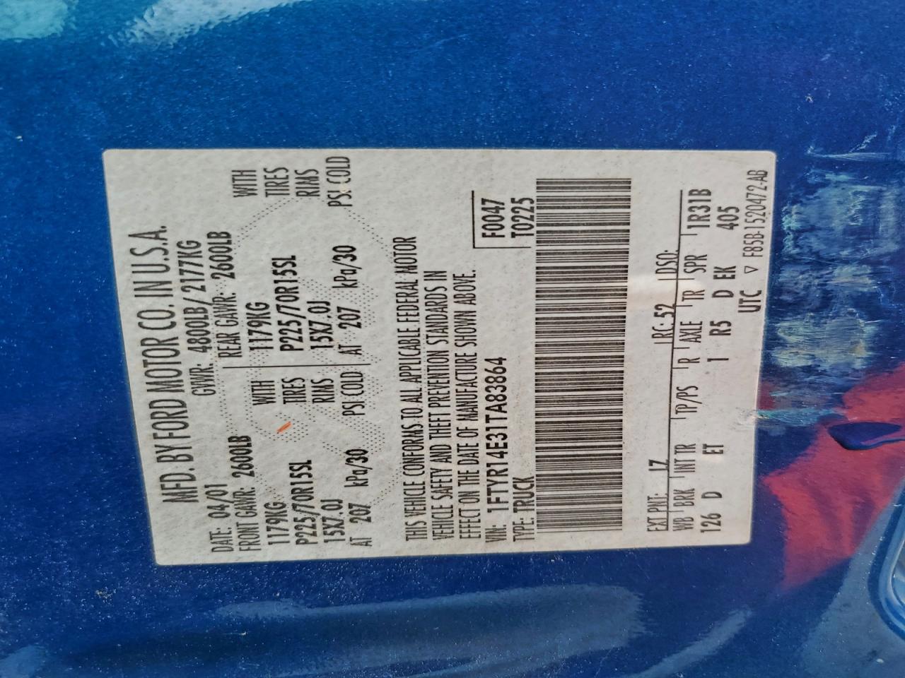 2001 Ford Ranger Super Cab VIN: 1FTYR14E31TA83864 Lot: 94663555