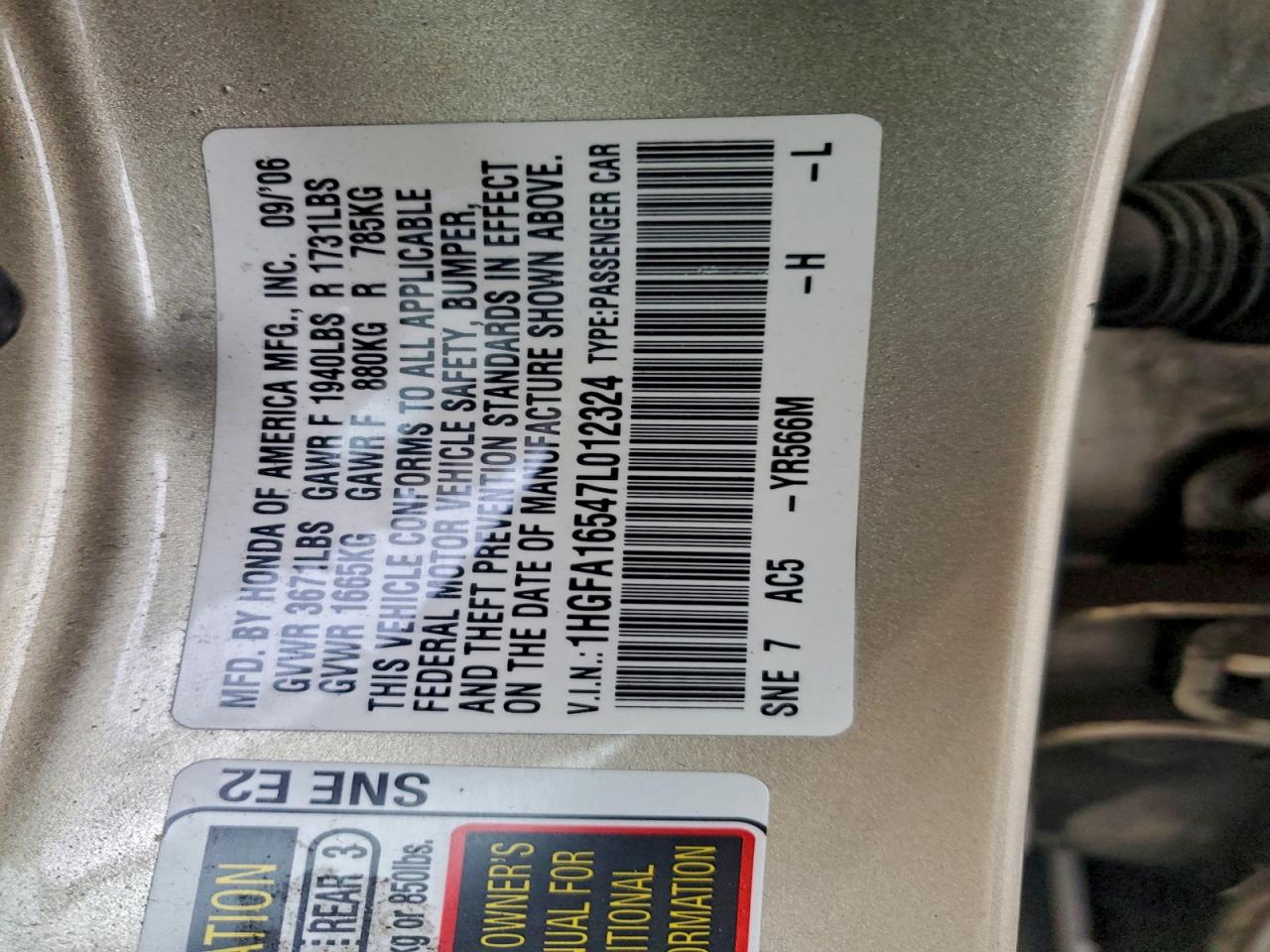 2007 Honda Civic Lx VIN: 1HGFA16547L012324 Lot: 95758995