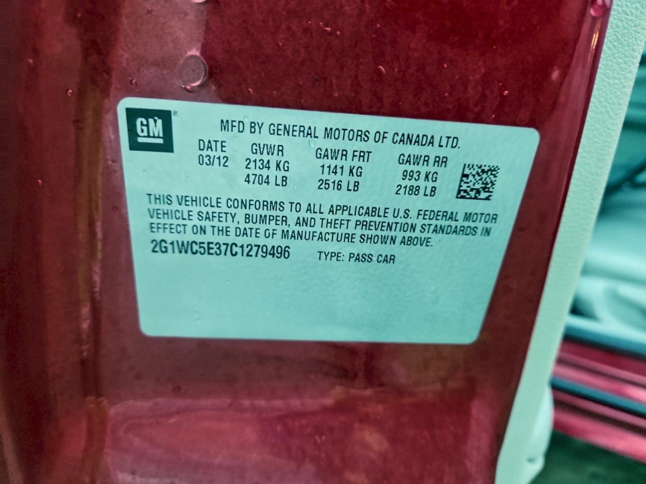 2012 Chevrolet Impala Ltz VIN: 2G1WC5E37C1279496 Lot: 96237565