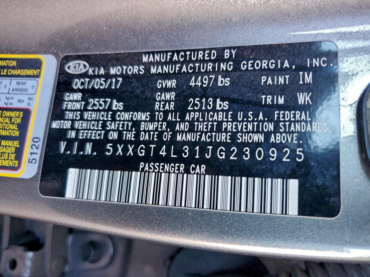 2018 Kia Optima Lx VIN: 5XXGT4L31JG230925 Lot: 95790165