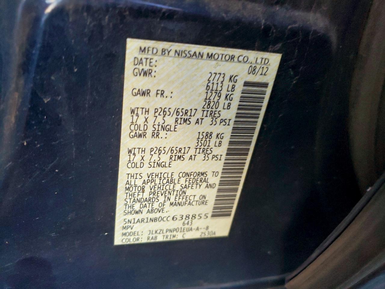 2012 Nissan Pathfinder S VIN: 5N1AR1NB0CC638855 Lot: 93918835