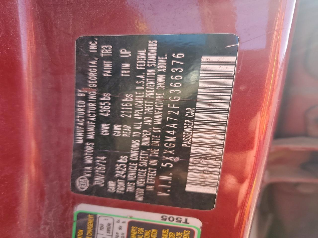 2015 Kia Optima Lx VIN: 5XXGM4A72FG366376 Lot: 96009965