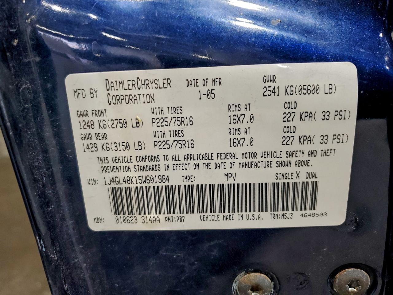 2005 Jeep Liberty Sport VIN: 1J4GL48K15W601984 Lot: 94591595