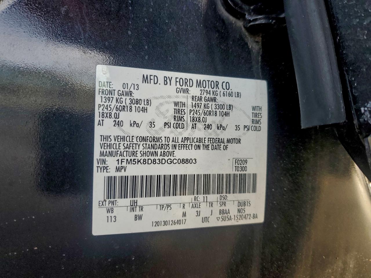 2013 Ford Explorer Xlt VIN: 1FM5K8D83DGC08803 Lot: 94985875