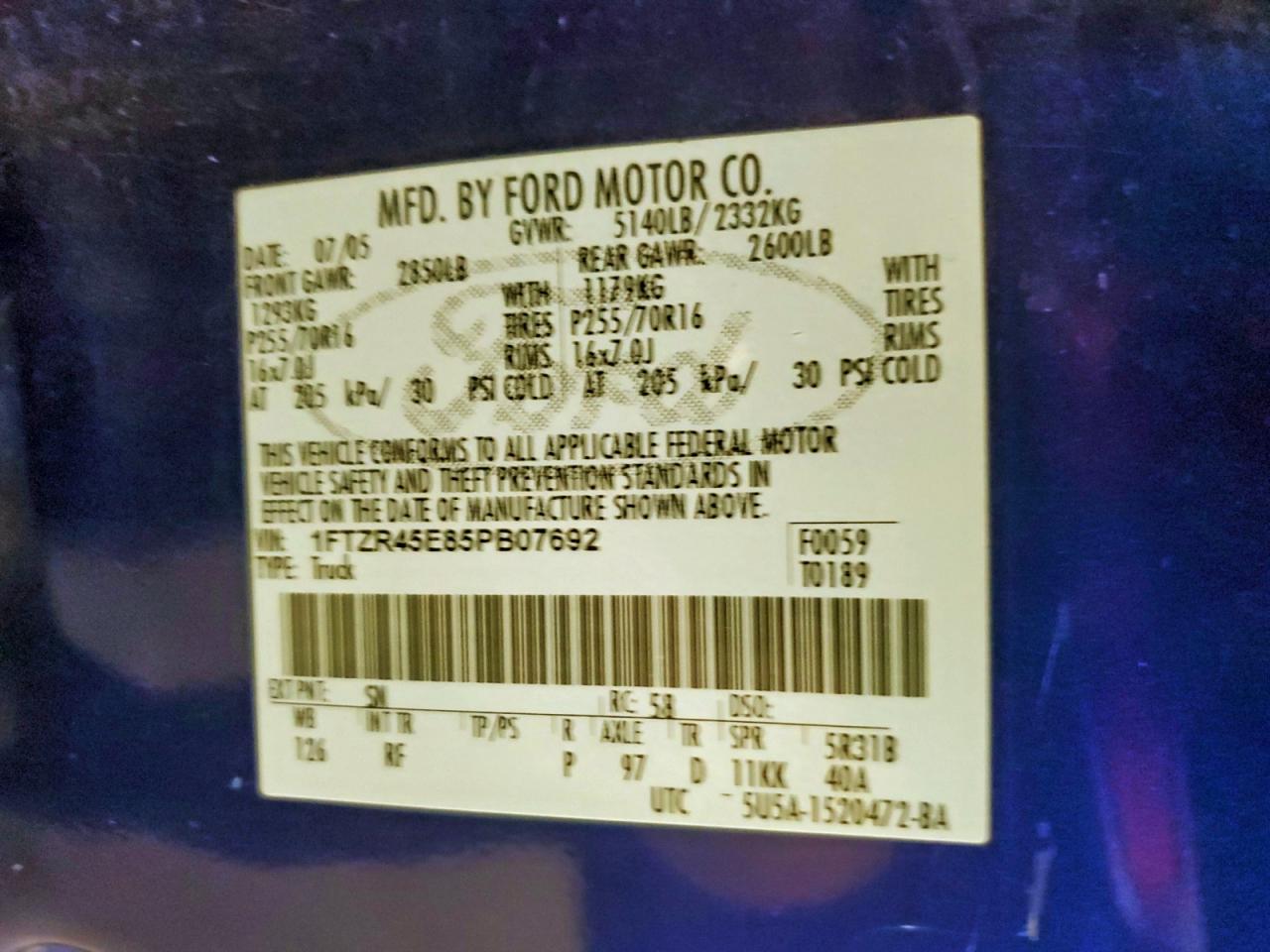 2005 Ford Ranger Super Cab VIN: 1FTZR45E85PB07692 Lot: 95569545