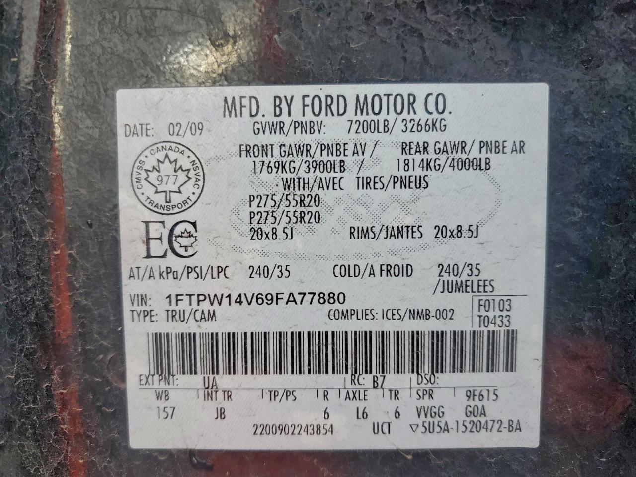 2009 Ford F150 Supercrew VIN: 1FTPW14V69FA77880 Lot: 96533015