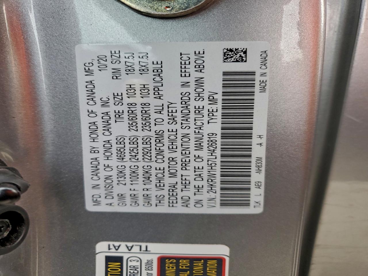 2020 Honda Cr-V Ex VIN: 2HKRW1H57LH426819 Lot: 94866685